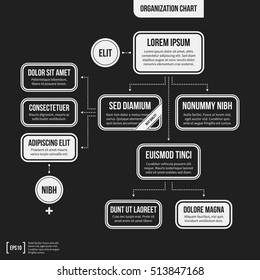 Organization chart template with geometric elements on black background. Useful for science and business presentations.