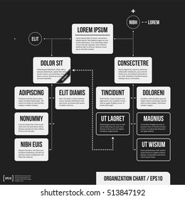 Organization chart template with geometric elements on black background. Useful for science and business presentations.