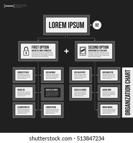 Organization chart template with geometric elements on black background. Useful for science and business presentations.