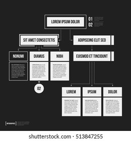 Organization chart template with geometric elements on black background. Useful for science and business presentations.
