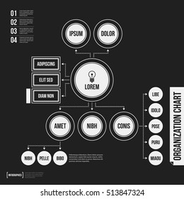 Organization chart template with geometric elements on black background. Useful for science and business presentations.