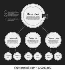 Organization chart template with geometric elements on black background. Useful for science and business presentations.