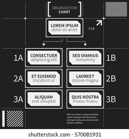 Organization chart template with geometric elements on black background. Useful for science and business presentations.