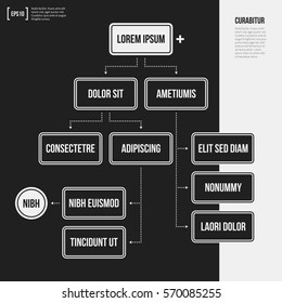 Organization chart template with geometric elements on black background. Useful for science and business presentations.