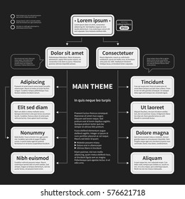 Organization chart template with geometric elements on black background. Useful for science and business presentations.