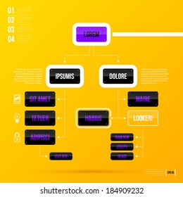 Organization chart template on bright yellow background in modern corporate style. EPS10