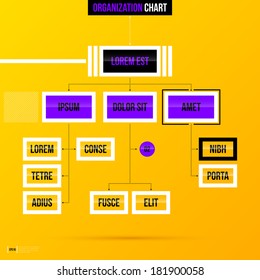 Organization chart template with rectangle elements on bright yellow background. EPS10