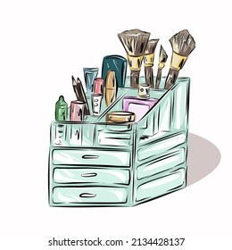 Organization of cosmetics storage in beauty salons and at home in a chest of drawers. Organizer, container with cosmetics, makeup brushes, creams, lipstick.  Isolated vector objects.