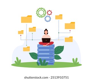 Organization of data for storage, structure and management of archives and documents. Tiny woman working with folders network, share and upload directory with laptop cartoon vector illustration