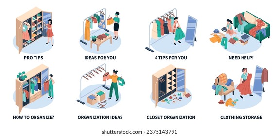 Organization and decluttering isometric set with women arranging their wardrobe isolated vector illustration