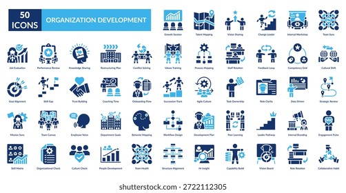 Conjunto de iconos de relleno de desarrollo de Organización. Sesión de Crecimiento, Mapeo de Talento, Compartir Visión, Líder de Cambio, Taller Interno, Sincronización de Equipo, Cambio Cultural