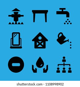 organization, ecology, tap, no entry, scarecrow, mirror, table, barn and watering can vector icon. Simple icons set