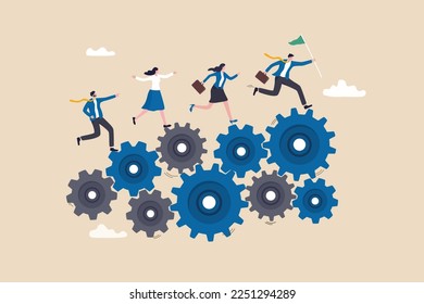 Organization efficiency, development and workflow, business strategy to make team success, company system and resources concept, business people running on rotating cogwheel or gear to drive business.