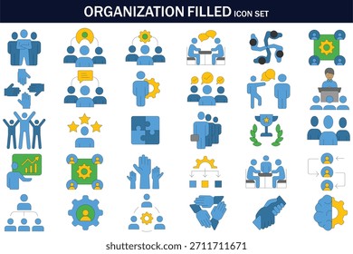 Conjunto de ícones preenchido pela organização com trabalho em equipe, colaboração, liderança, comunicação, gerenciamento de fluxo de trabalho, discussão em grupo, planejamento e gráficos de estrutura corporativa para uso comercial e de escritório.