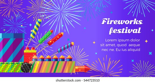 Organization of fireworks festival. Set of different kinds of amazing fireworks vector illustrasion. Celebration of any occasions with salute elements and pyrotechnic devices. Banner in flat style