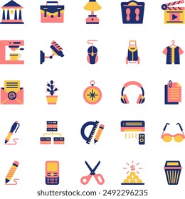 Organization Flat Icons Set. Such as database, compass, email, pencil, scale, pen, shirt, glasses, bank, mouse, scissor, briefcase, headphone, mobile phone, air conditioner, paper.