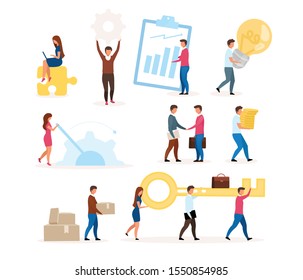 Organization functioning flat vector illustration set. Company employees working together. Business model. Teamwork, cooperation. Effective workflow. Isolated cartoon character on white background