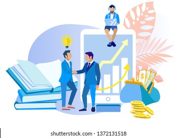 Organization has Achieved its Goal Cartoon Flat. Short-term and Long-term Tasks. Men in Suits Enter into Contract. Investment in Business Idea. Determining Companys Position Market.