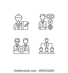 Organization hierarchy linear icons set. Supervisor. CEO. Directors board. Hierarchy in business. Customizable thin line contour symbols. Isolated vector outline illustrations. Editable stroke