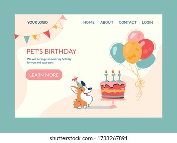 Organization of holidays and parties in honor of pets. Landing pages for the site of the event. 
 Vector website template, flat style illustrations, isolated.