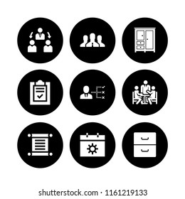 organization icon. 9 organization set with bedroom black closed closet for clothes, group meeting, list and calendar vector icons for web and mobile app