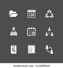 organization icon. 9 organization set with files and folders, bedroom black closed closet for clothes, collaboration and document vector icons for web and mobile app