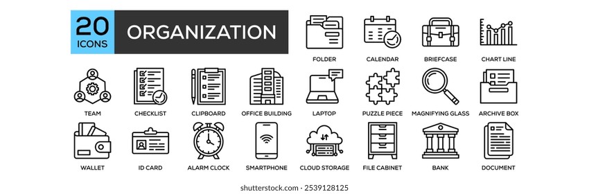 Conjunto de coleta de ícone da organização. Contendo organização de projeto, gerenciamento, corporativo, negócios, trabalho em equipe