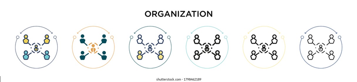 Icono de organización en estilo relleno, delgado, de contorno y de trazo. Ilustración vectorial de dos diseños de iconos vectoriales de organizaciones de color y negro para móviles, ui, web
