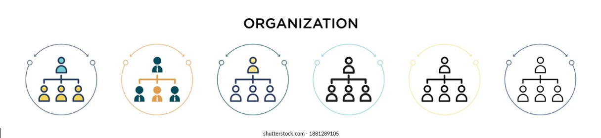 Icono de organización en estilo relleno, delgado, de contorno y de trazo. Ilustración vectorial de dos diseños de iconos vectoriales de organizaciones de color y negro para móviles, ui, web
