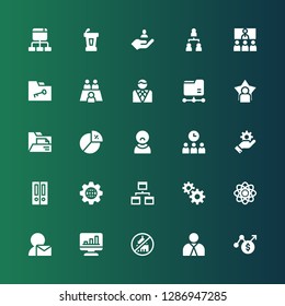organization icon set. Collection of 25 filled organization icons included Chart, Employee, Ngo, User, Atom, Management, Workflow, Folders, Meeting, Diagram, Folder, Businessman