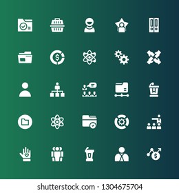 organization icon set. Collection of 25 filled organization icons included Chart, Employee, Conference, Cooperation, Voluntary, Meeting, Diagram, Folder, Atom, Teamwork, Hierarchical structure