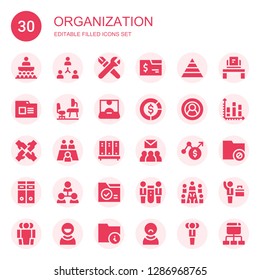 organization icon set. Collection of 30 filled organization icons included Conference, Teamwork, Skills, Folder, Pyramid chart, Workplace, Influencer, Diagram, User, Meeting, Group