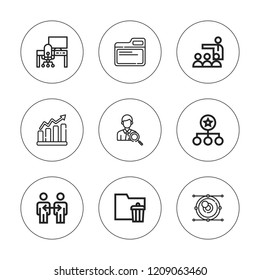 Organization icon set. collection of 9 outline organization icons with businessman, diagram, cooperation, folder, meeting, statistics, workplace icons. editable icons.