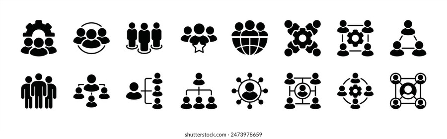 Conjunto de iconos de Organización. Conteniendo personas, grupo, jerarquía, estructura, empresa, liderazgo, trabajo en equipo, redes, negocio, equipo, colaboración, comunidad, conexión. Ilustración vectorial