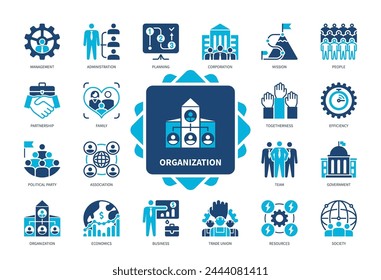 Organization icon set. Team, Corporation, Partnership, Planning, Government, Administration, Association, Management. Duotone color solid icons