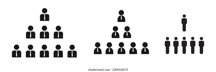  Conjunto de iconos de la organización. Jerarquía del equipo de trabajo. Estructura del liderazgo humano. Cartel de trabajo en equipo. Símbolo de empresa de empleados. Elementos vectores de material.