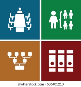 Organization icons set. set of 4 organization filled icons such as binder, structure, meeting