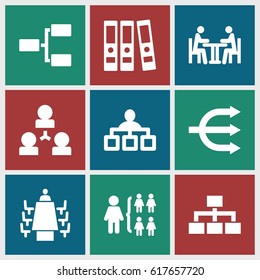 Organization icons set. set of 9 organization filled icons such as structure, meeting