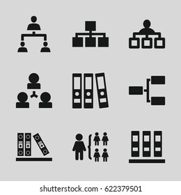 Organization icons set. set of 9 organization filled icons such as structure