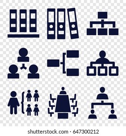 Organization icons set. set of 9 organization filled icons such as structure, meeting