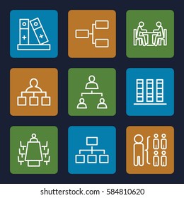 organization icons set. Set of 9 organization outline icons such as structure, binder