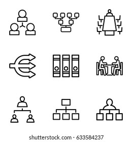 Organization icons set. set of 9 organization outline icons such as structure, binder, meeting