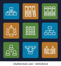 Organization icons set. set of 9 organization outline icons such as binder, structure, meeting
