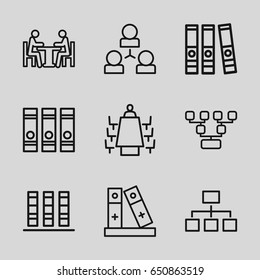 Organization icons set. set of 9 organization outline icons such as binder, structure, meeting