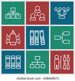 Organization icons set. set of 9 organization outline icons such as binder, structure, meeting