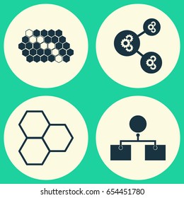 Organization Icons Set. Collection Of Analysis Diagram, Hive Pattern, Algorithm Illustration And Other Elements. Also Includes Symbols Such As Data, Cells, Gear.