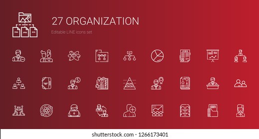 organization icons set. Collection of organization with archive, chart, user, employees, atoms, teamwork, workflow, employee, pyramid chart. Editable and scalable organization icons.