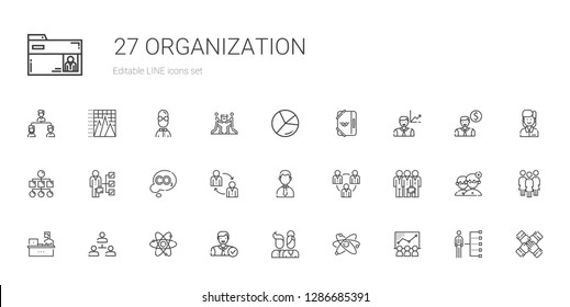 organization icons set. Collection of organization with chart, atom, users, employee, hierarchical structure, working, teamwork, businessman. Editable and scalable organization icons.