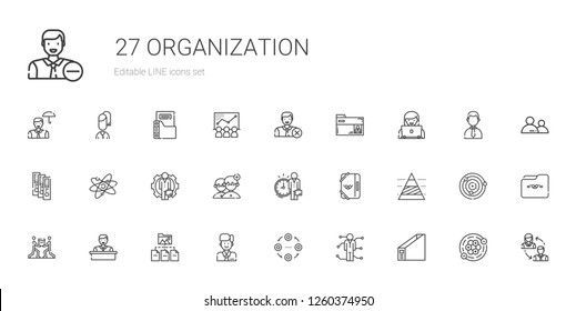 organization icons set. Collection of organization with folder, skills, structure, employee, teamwork, pyramid chart, people, atom, binder. Editable and scalable organization icons.