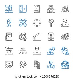 organization icons set. Collection of organization with user, employee, binder, atom, chart, employees, hierarchical structure, folder. Editable and scalable organization icons.